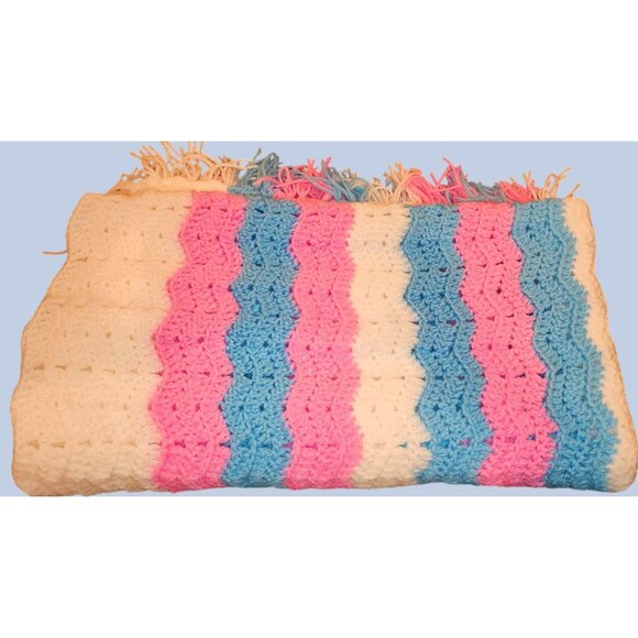 Handmade Crocheted Baby Blanket Fringe Multicolor Stripes Blue Pink White NEW - Picture 1 of 7